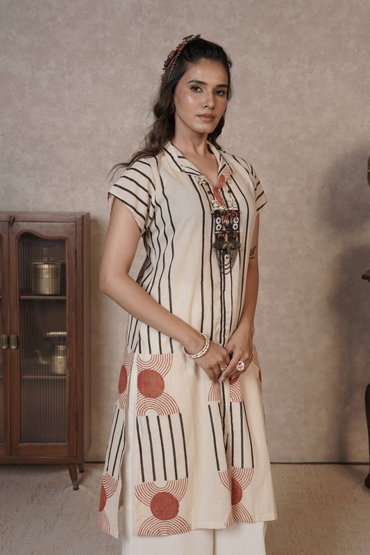 Oryn Geo Stripe Ajrakh Cotton Kurti