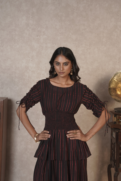 Crimson Pinstripe Cascade – Black Ajrakh Cotton Dress
