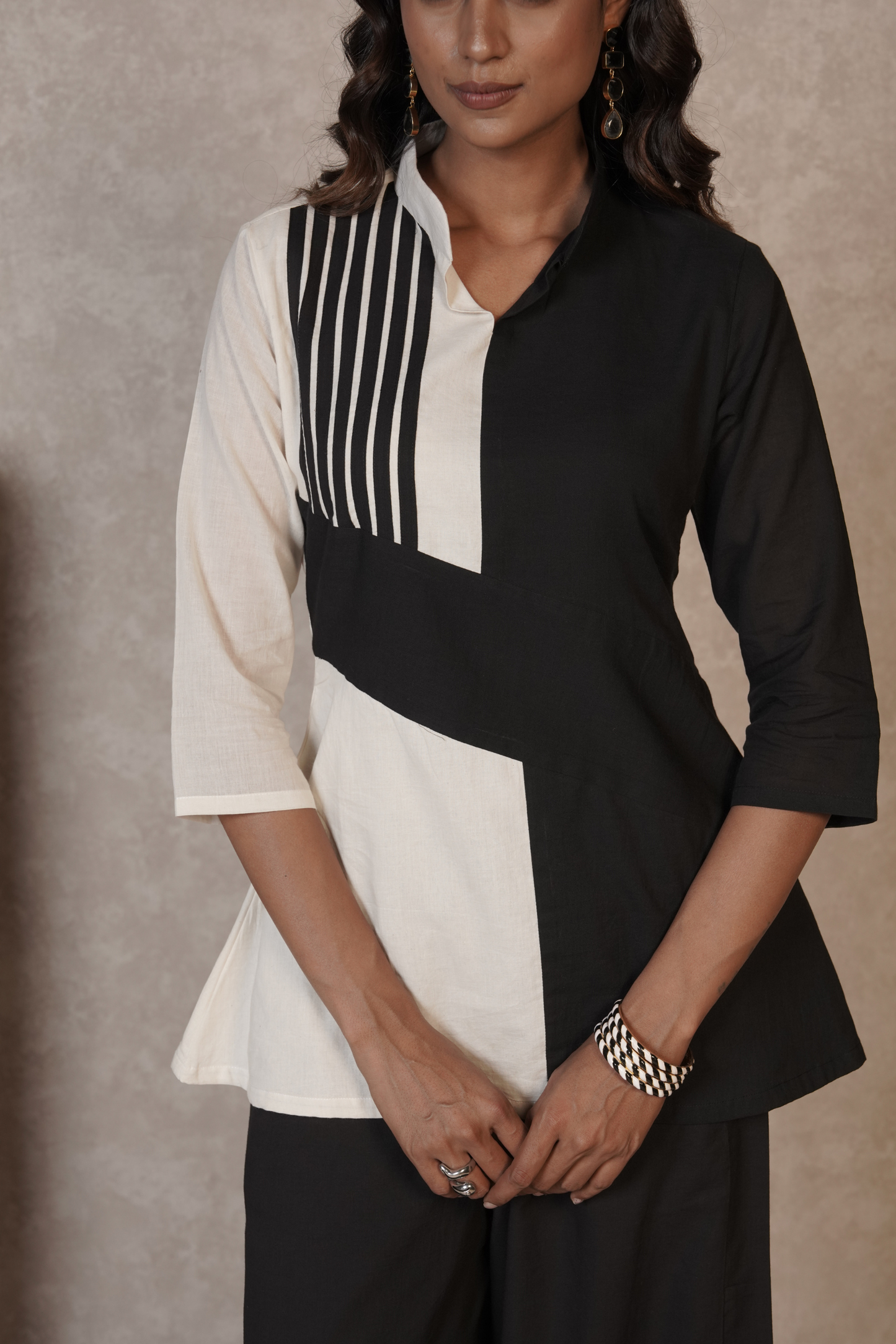 Black Ivory Panelled Ajrakh Cotton Co-ord Set – Monochrome Lineform