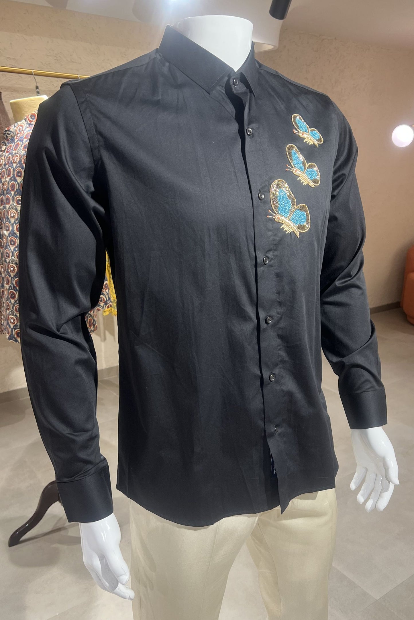 Men's Black Hand Embroidered Shirt – Azure Butterflies