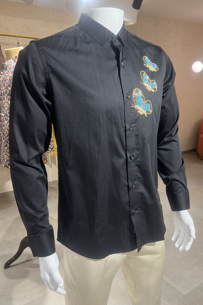 Men's Black Hand Embroidered Shirt – Azure Butterflies