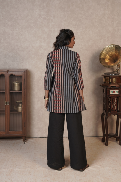 Kairo Panel Stripe Ajrakh Cotton Co-ord Set – Charcoal Rust