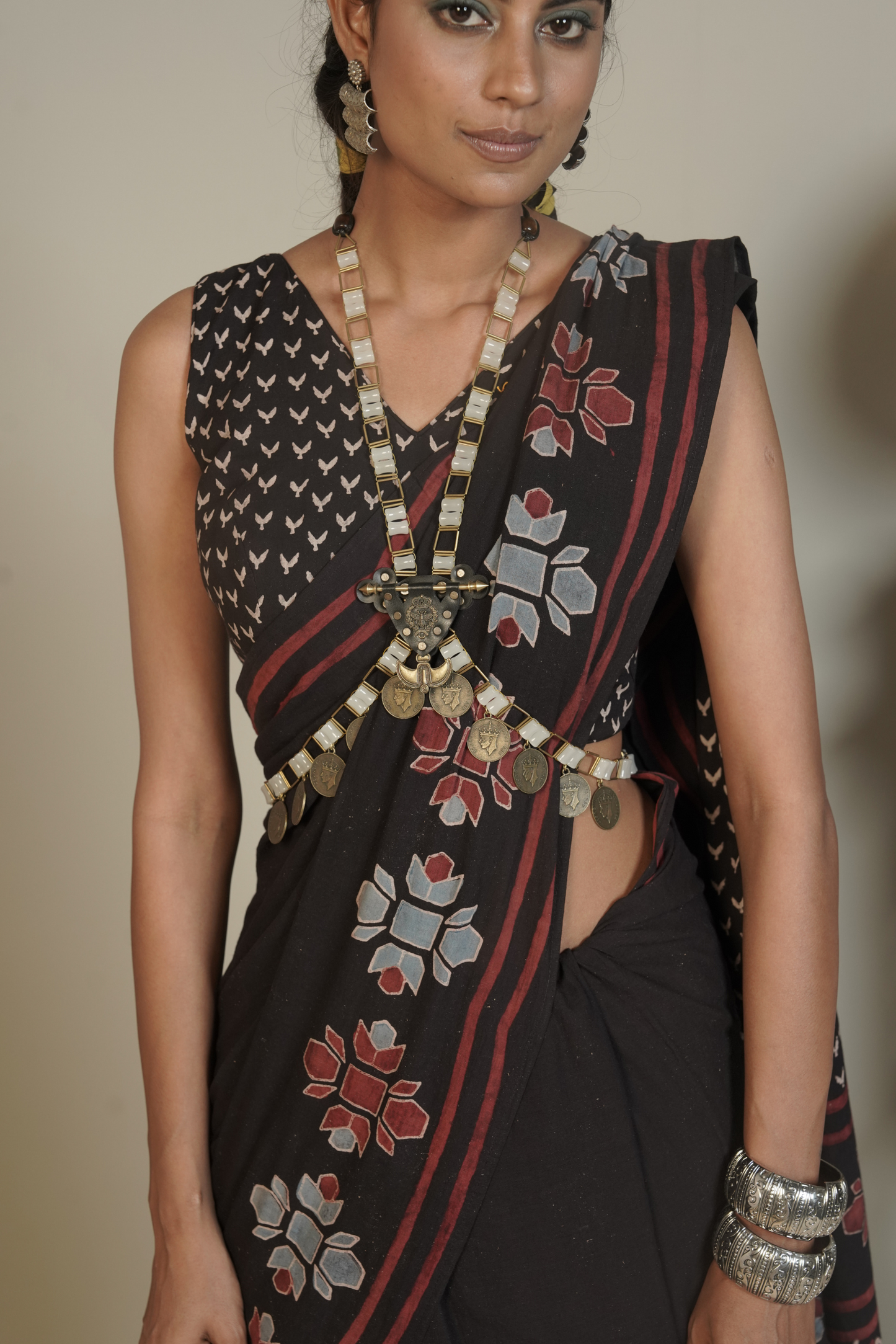 Midnight Vana Ajrakh Cotton Saree – Tamsa