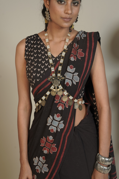 Midnight Vana Ajrakh Cotton Saree – Tamsa