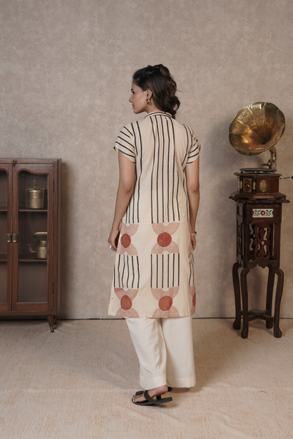 Oryn Geo Stripe Ajrakh Cotton Kurta Plazo Set – Ivory Clay