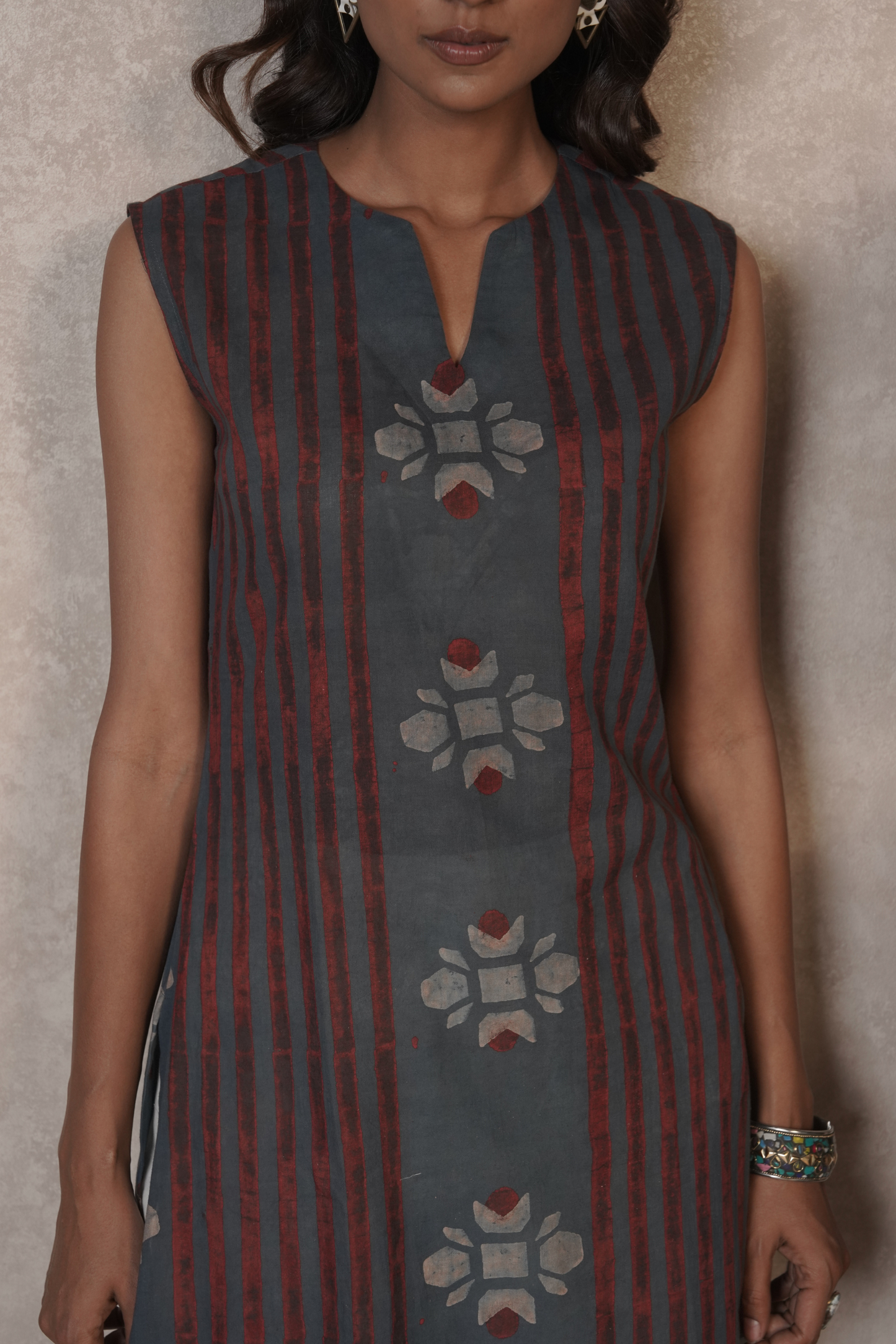 Bloomline Sleeveless Ajrakh Cotton Kurta Plazo Set – Ash Blue