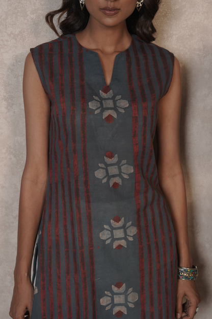 Bloomline Sleeveless Ajrakh Cotton Kurta Plazo Set – Ash Blue