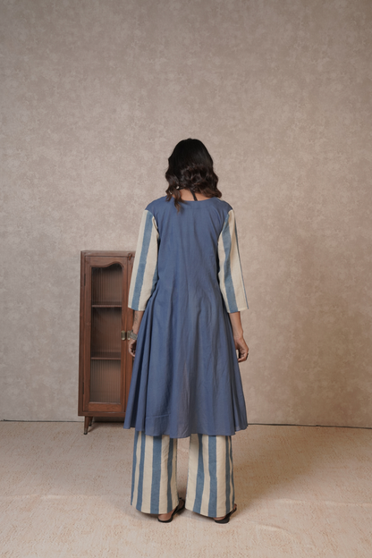 Blue Ivory Striped Ajrakh Cotton 3-Piece Co-ord Set – Azure Driftline