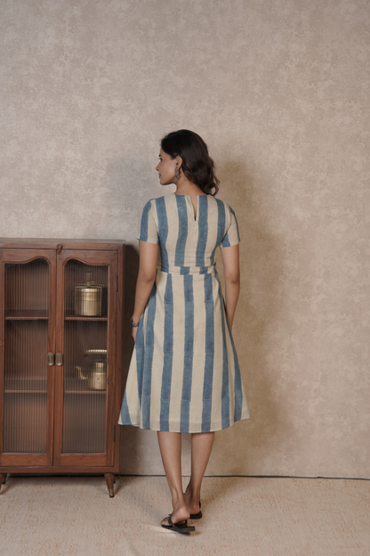 Blue Ivory Striped Ajrakh Cotton Dress – Azure Lineplay