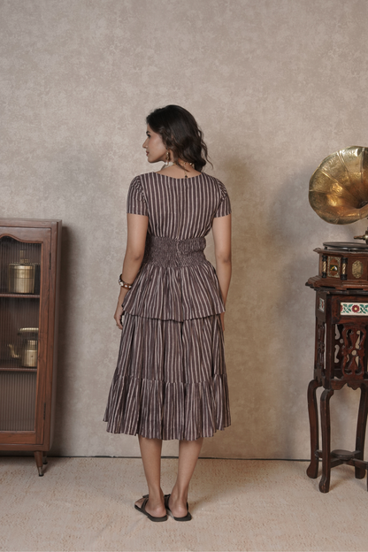 Cocoa Stripe Cascade – Brown Ajrakh Cotton Dress