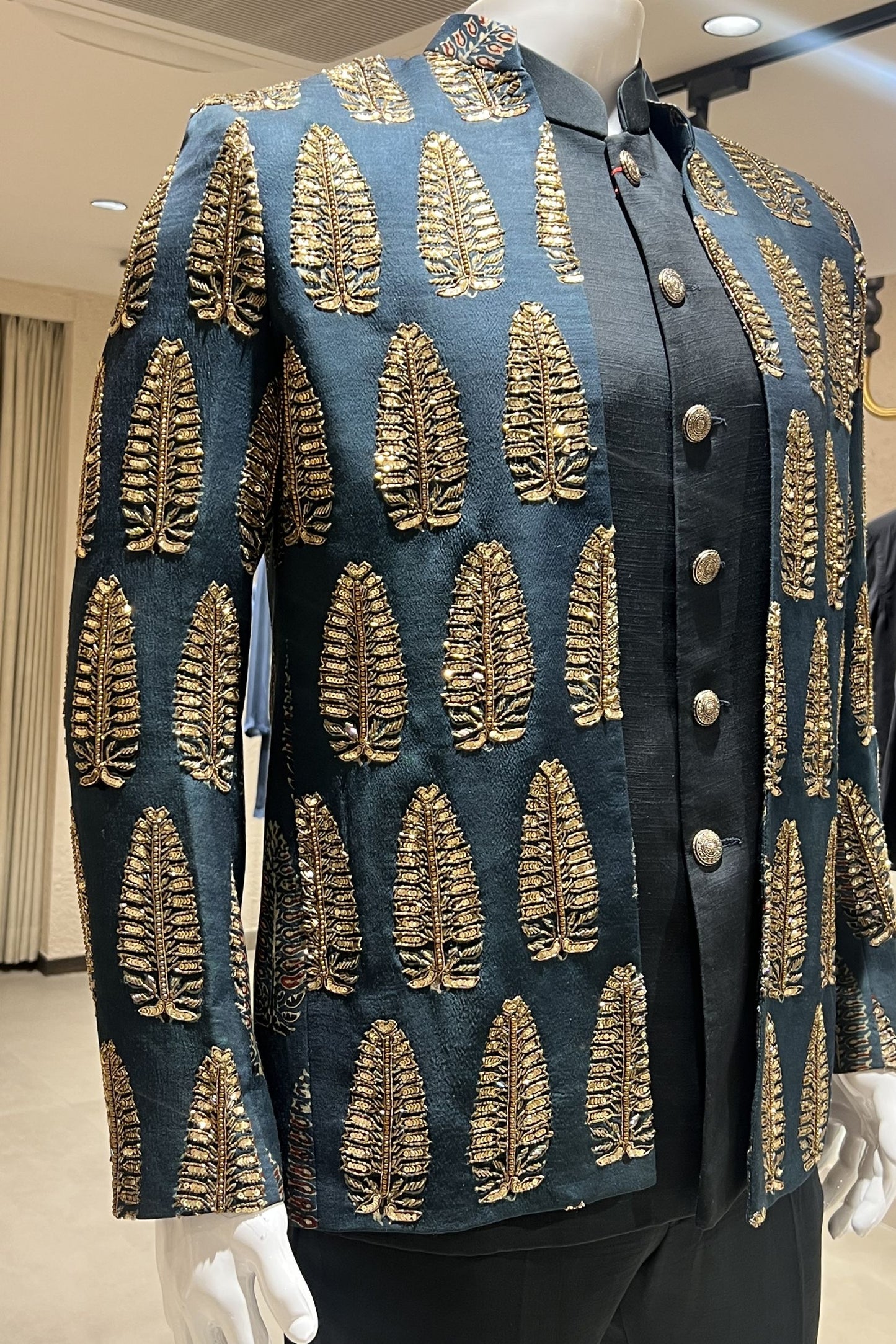 Rajvansh Leaf Motif Mashroo Silk 3-Piece Ensemble – Midnight Navy