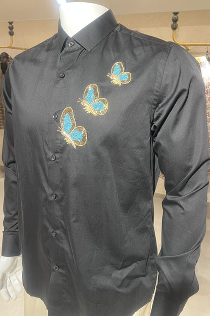 Men's Black Hand Embroidered Shirt – Azure Butterflies