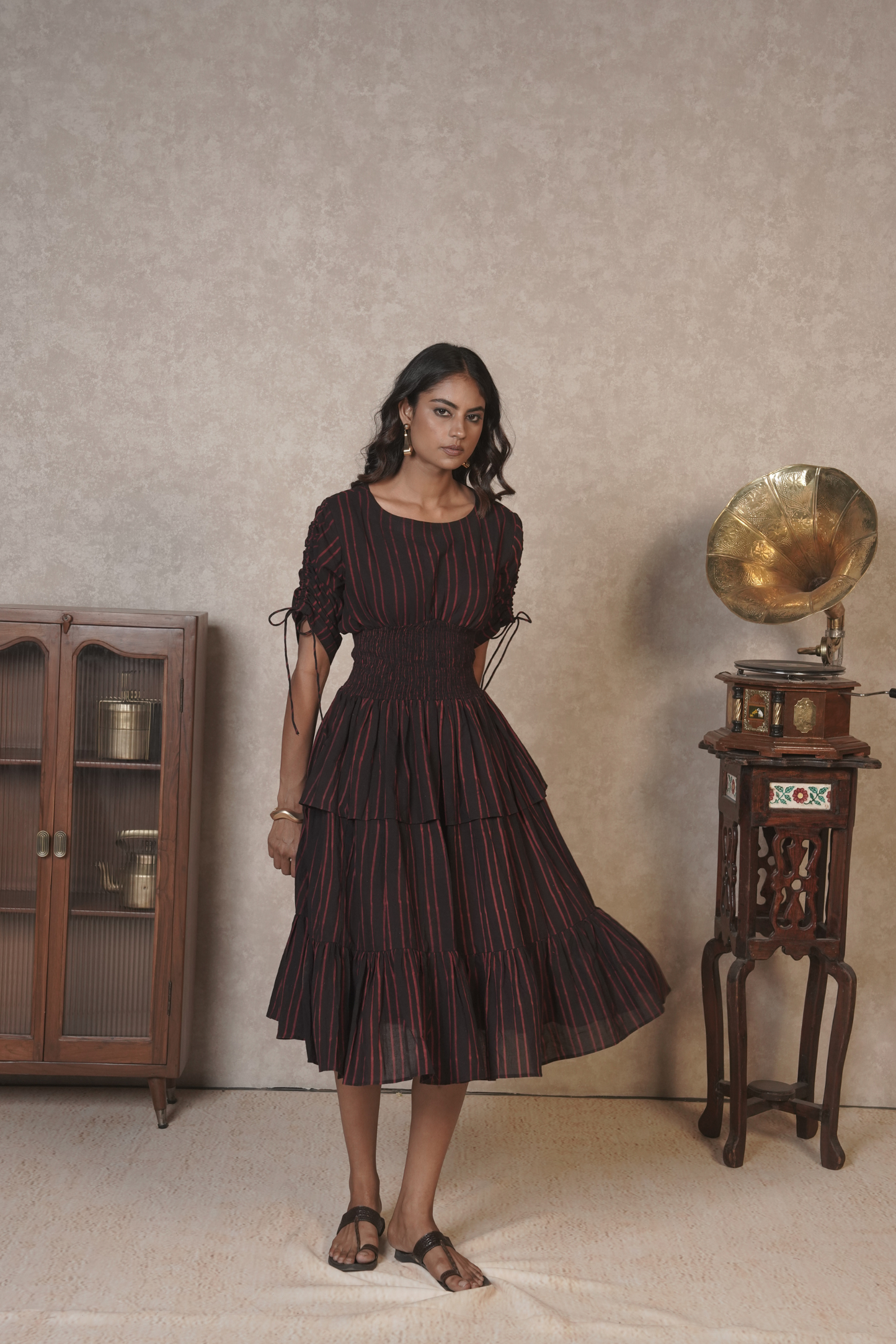 Crimson Pinstripe Cascade – Black Ajrakh Cotton Dress