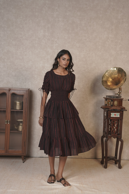 Crimson Pinstripe Cascade – Black Ajrakh Cotton Dress