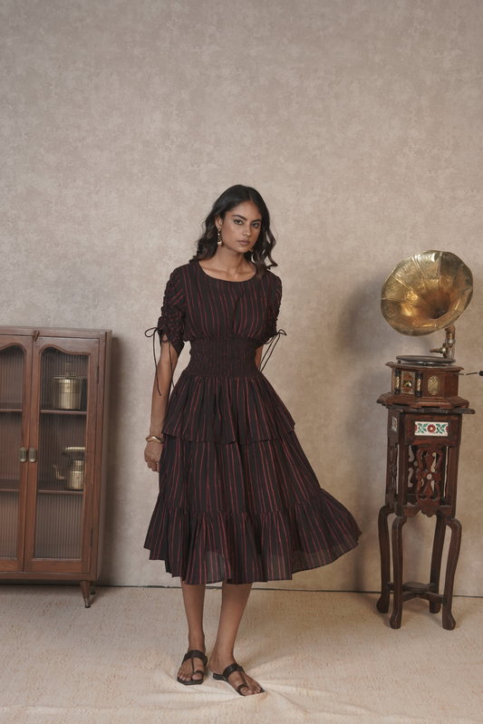 Crimson Pinstripe Cascade – Black Ajrakh Cotton Dress