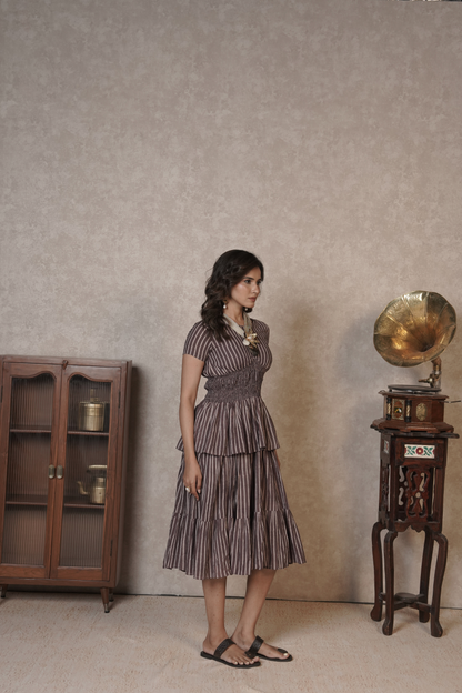 Cocoa Stripe Cascade – Brown Ajrakh Cotton Dress
