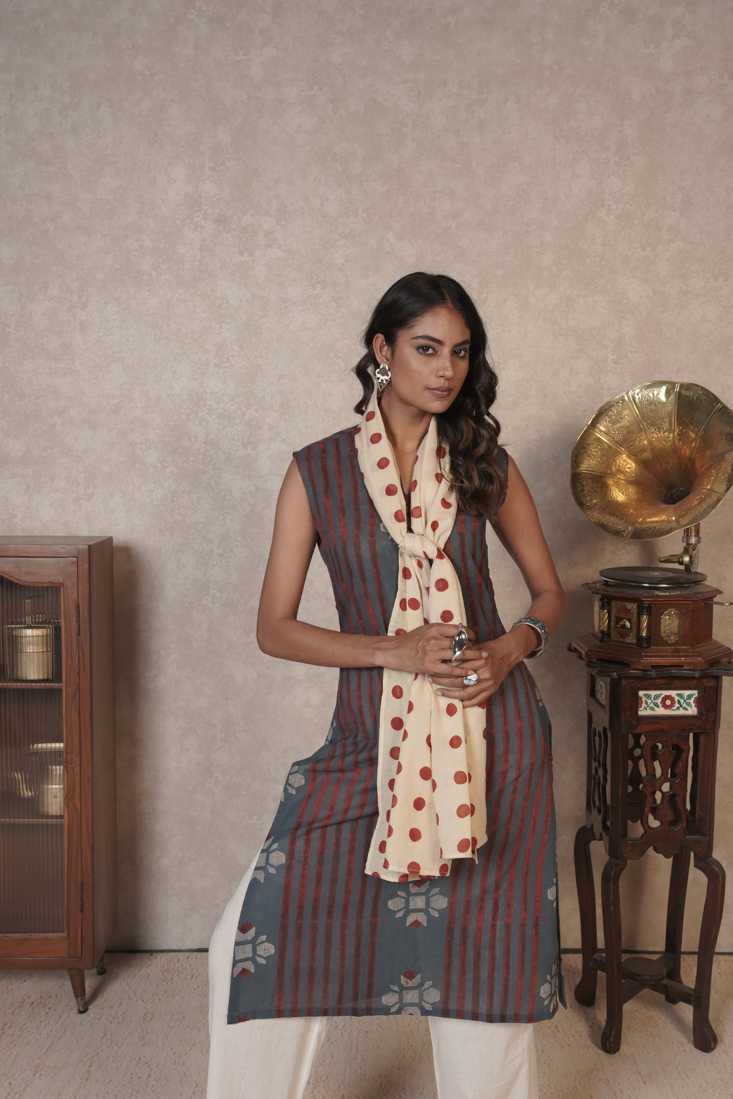 Bloomline Sleeveless Ajrakh Cotton Kurta Plazo Set – Ash Blue