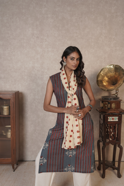 Bloomline Sleeveless Ajrakh Cotton Kurta Plazo Set – Ash Blue