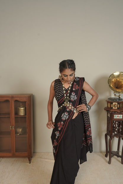 Midnight Vana Ajrakh Cotton Saree – Tamsa