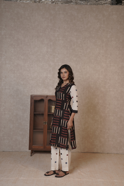 Noir Grid Ajrakh Cotton Kurta Bottom Set – Ira