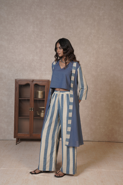 Blue Ivory Striped Ajrakh Cotton 3-Piece Co-ord Set – Azure Driftline