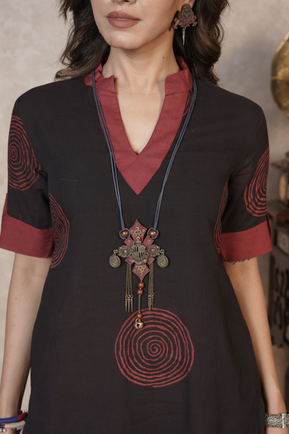 Midnight Rust Orbits – Black Ajrakh Cotton Printed Kurta Set