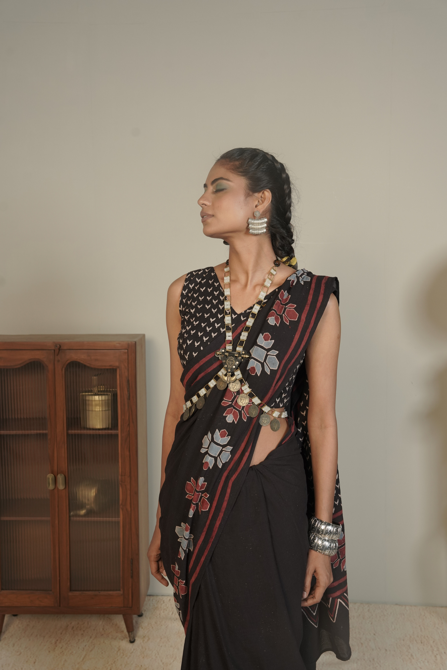 Midnight Vana Ajrakh Cotton Saree – Tamsa