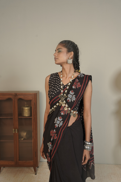 Midnight Vana Ajrakh Cotton Saree – Tamsa