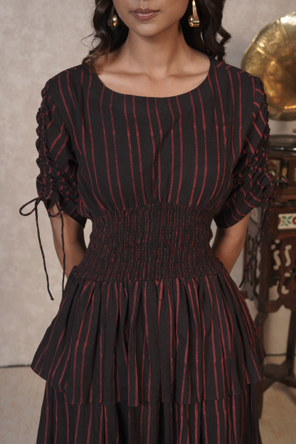 Crimson Pinstripe Cascade – Black Ajrakh Cotton Dress
