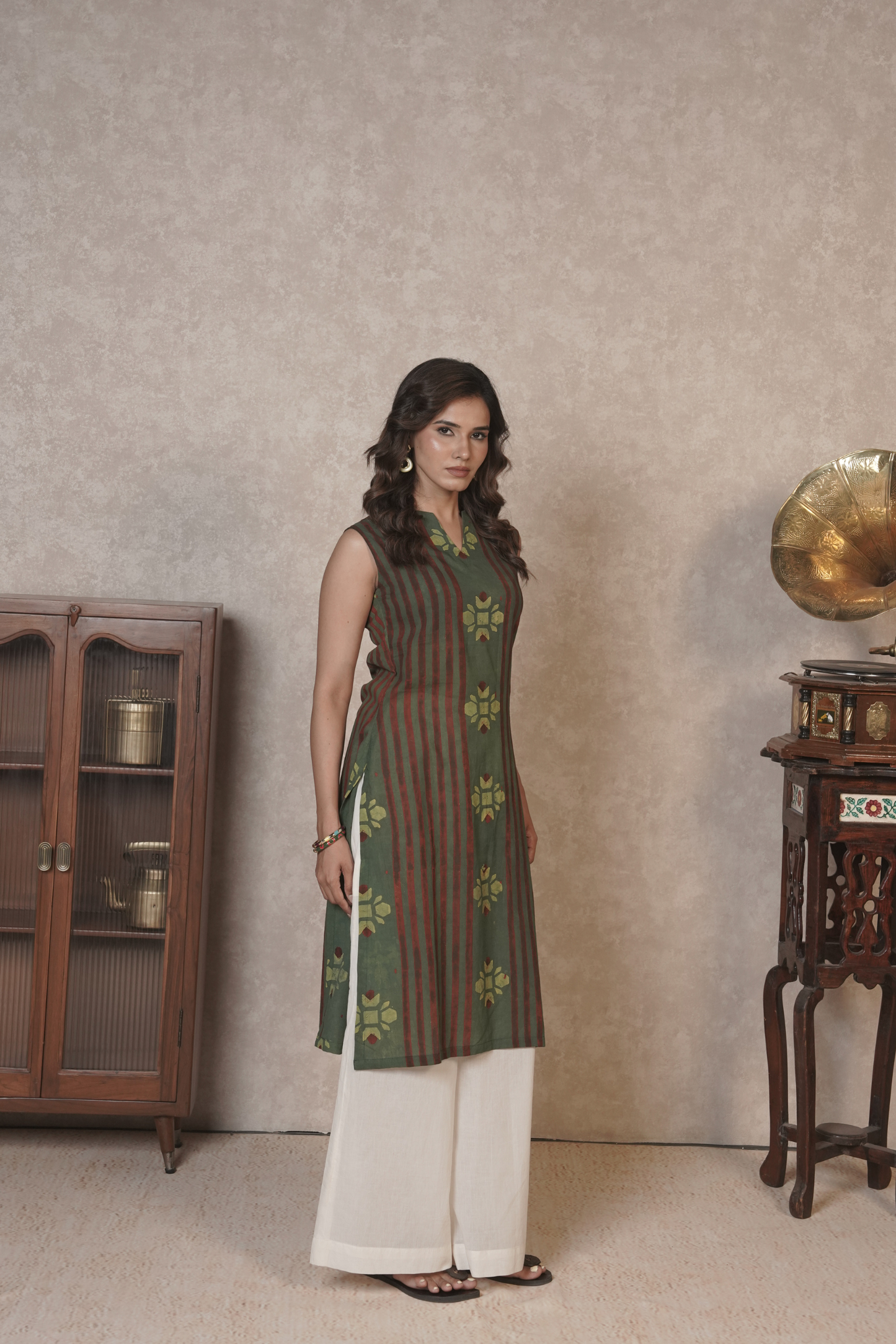 Rustlines in Bloom – Olive Ajrakh Cotton Kurta Set