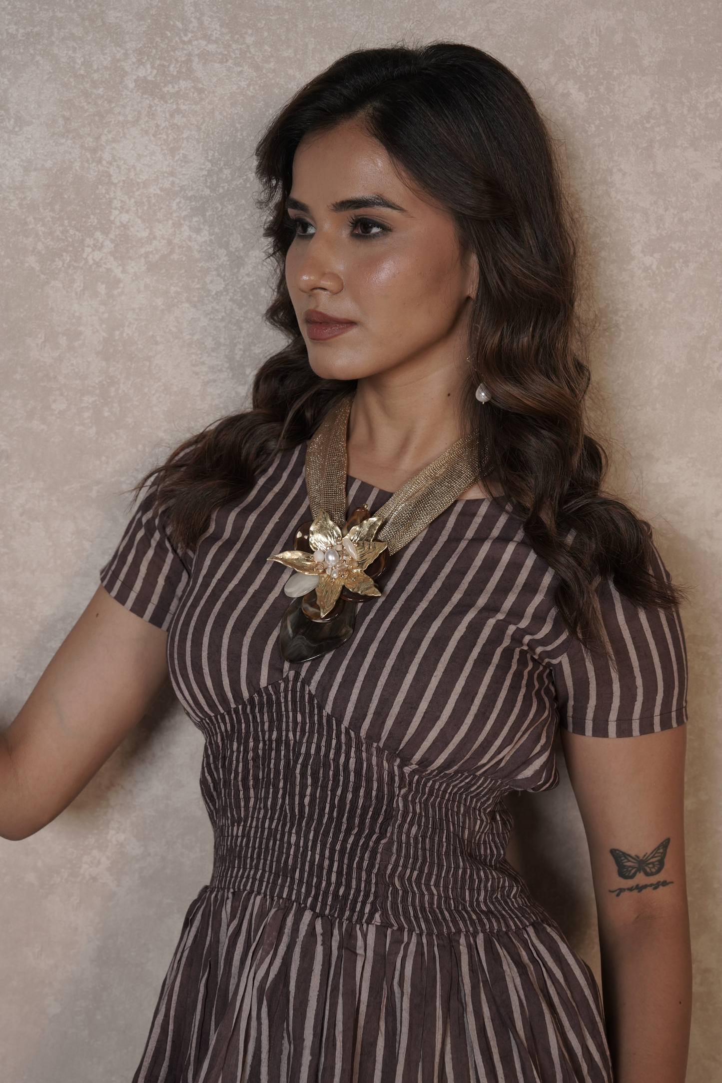 Cocoa Stripe Cascade – Brown Ajrakh Cotton Dress
