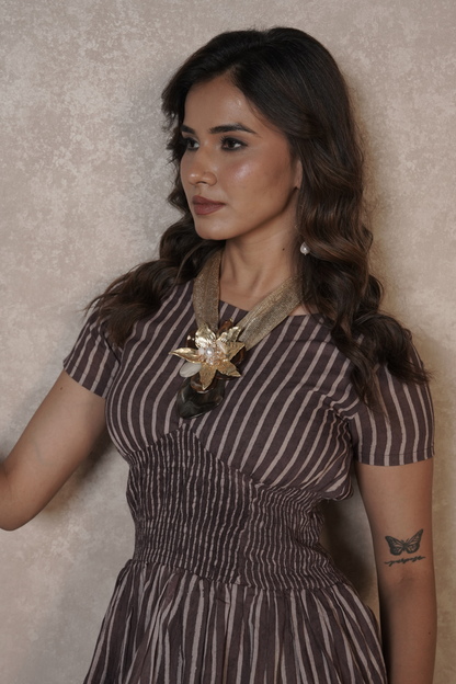 Cocoa Stripe Cascade – Brown Ajrakh Cotton Dress