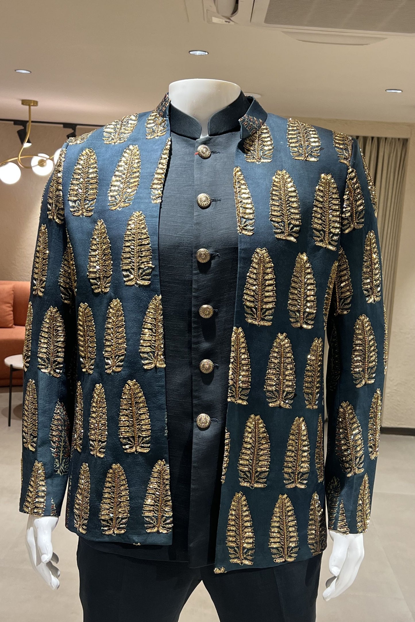 Rajvansh Leaf Motif Mashroo Silk 3-Piece Ensemble – Midnight Navy