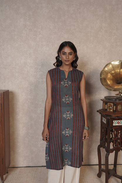 Bloomline Sleeveless Ajrakh Cotton Kurta Plazo Set – Ash Blue