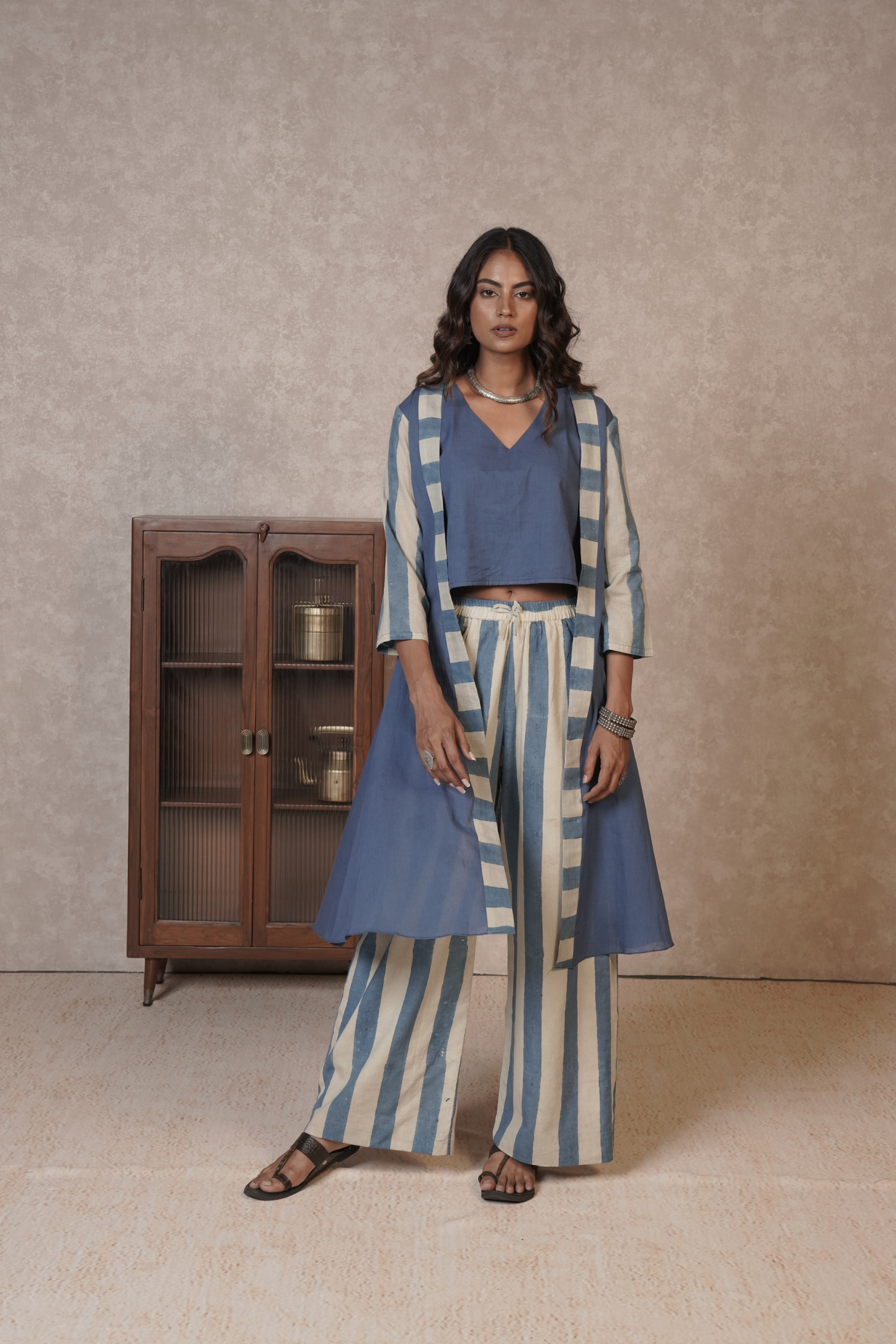 Blue Ivory Striped Ajrakh Cotton 3-Piece Co-ord Set – Azure Driftline