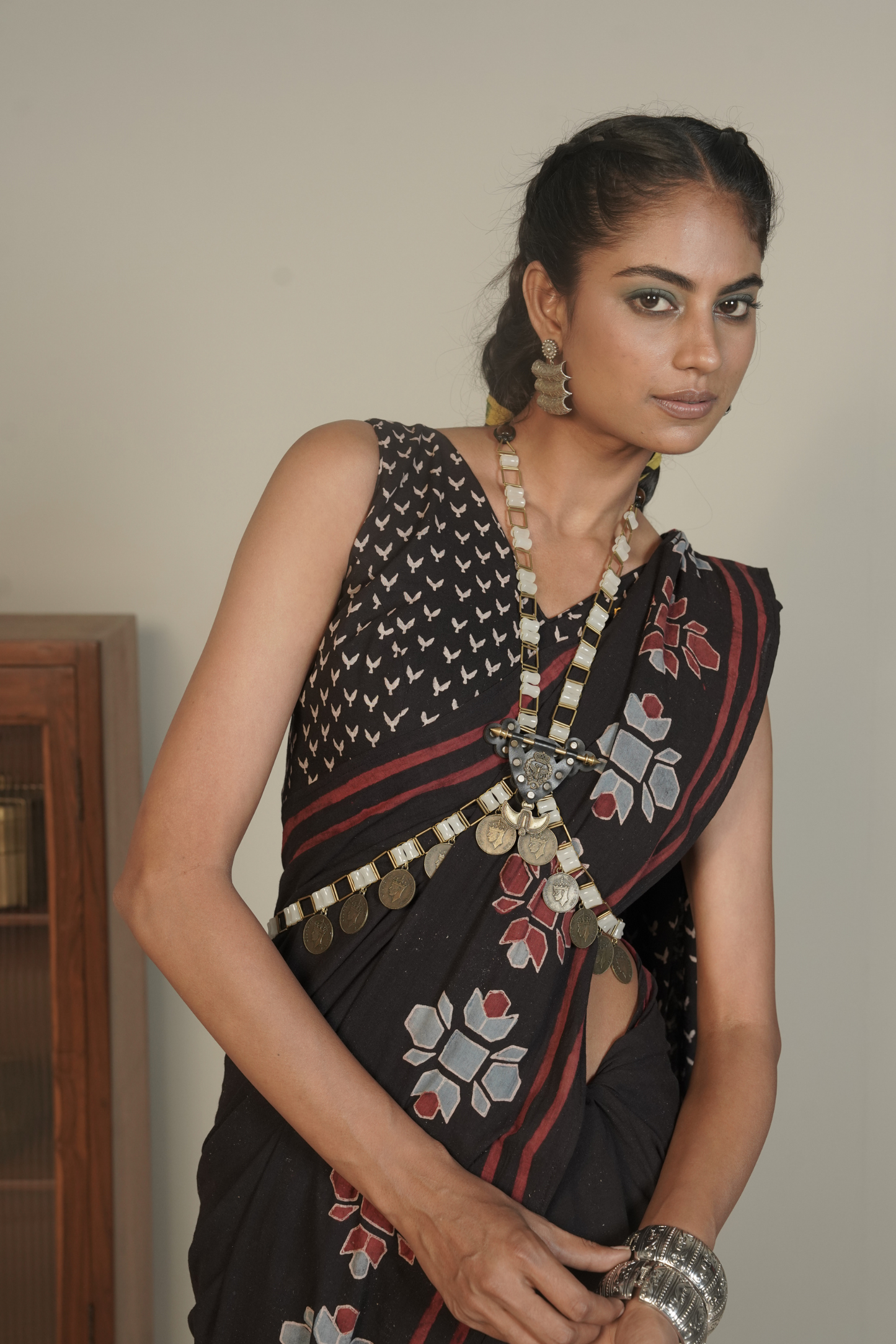 Midnight Vana Ajrakh Cotton Saree – Tamsa