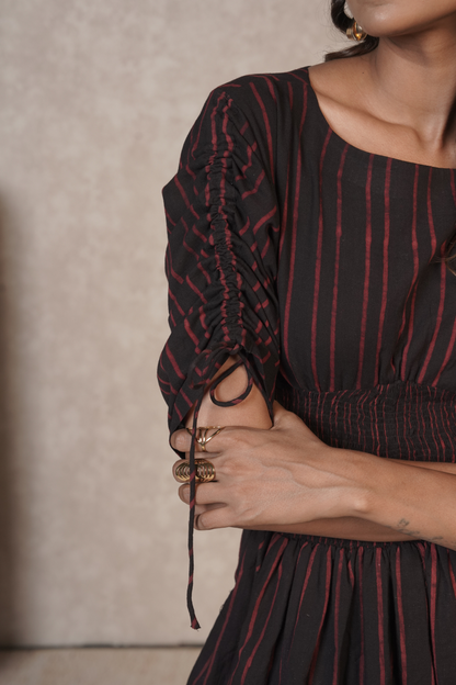Crimson Pinstripe Cascade – Black Ajrakh Cotton Dress