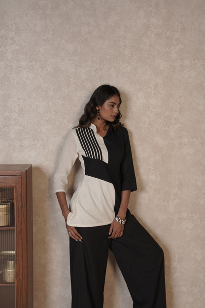 Black Ivory Panelled Ajrakh Cotton Co-ord Set – Monochrome Lineform