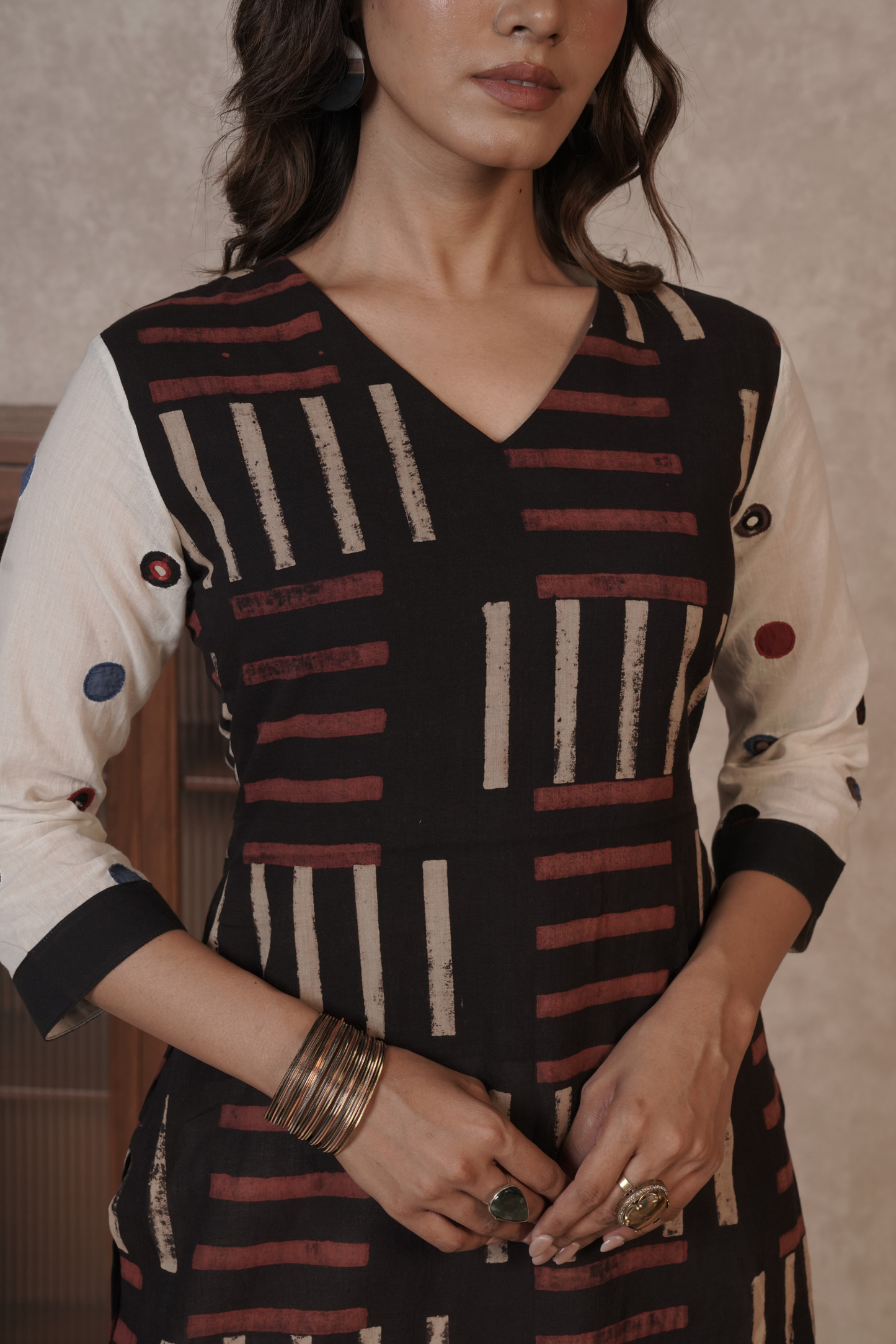 Noir Grid Ajrakh Cotton Kurta Bottom Set – Ira
