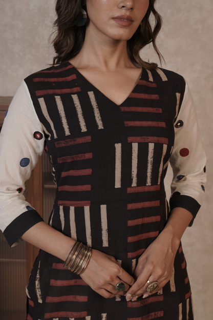 Noir Grid Ajrakh Cotton Kurta Bottom Set – Ira