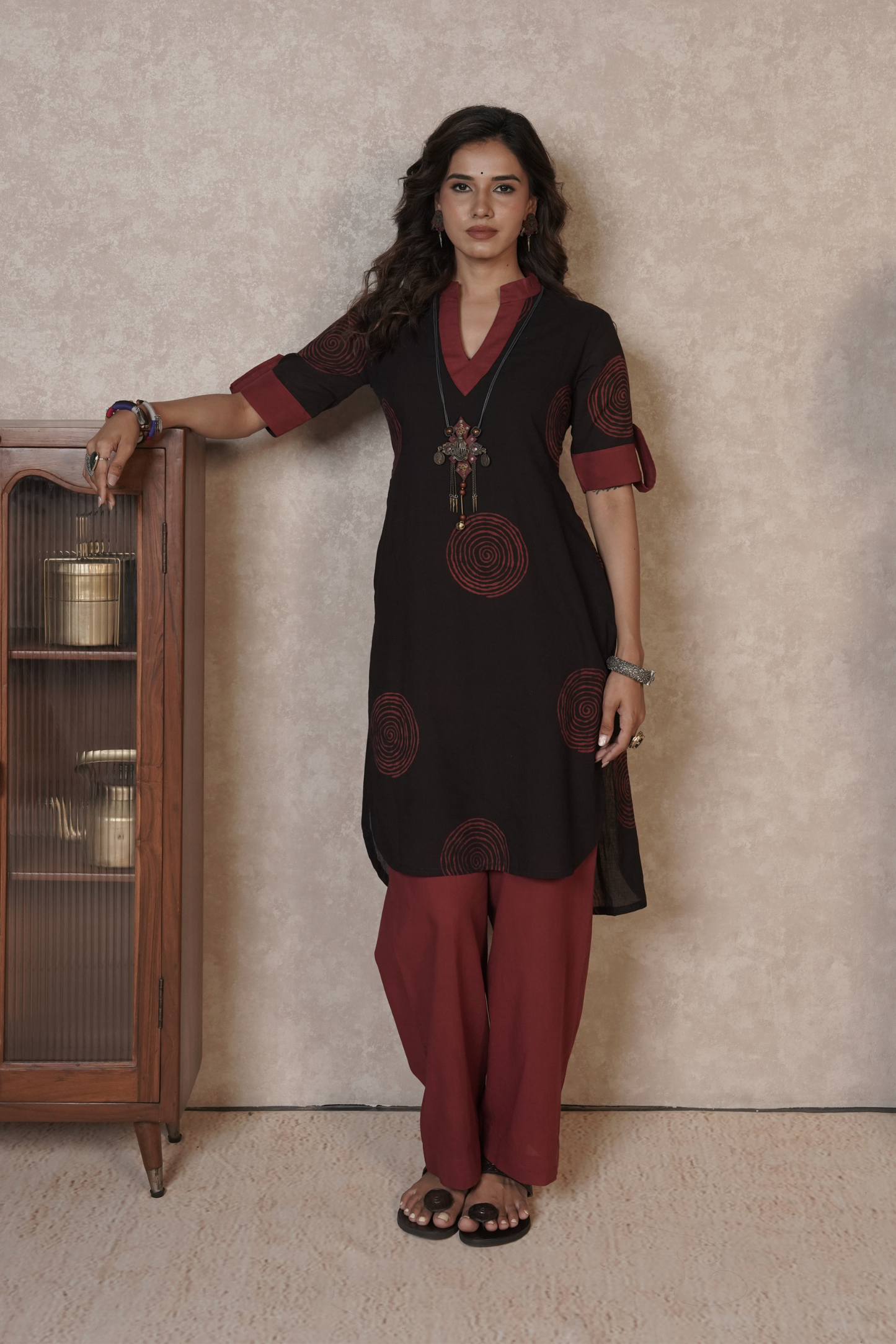 Midnight Rust Orbits – Black Ajrakh Cotton Printed Kurta Set