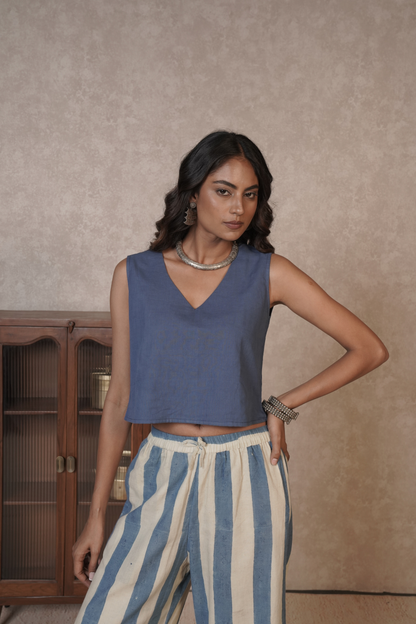 Blue Ivory Striped Ajrakh Cotton 3-Piece Co-ord Set – Azure Driftline