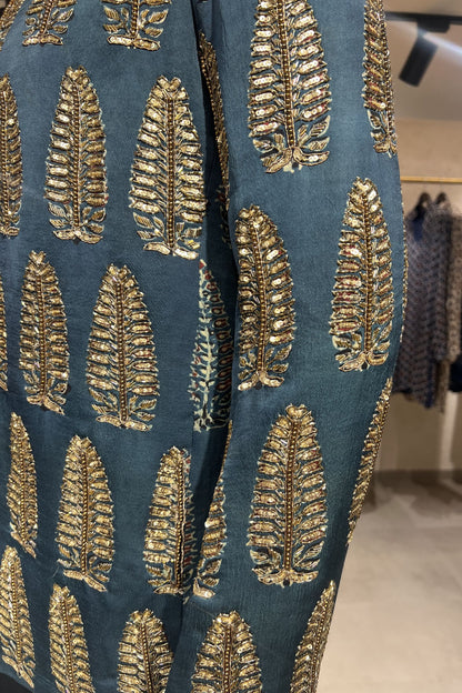Rajvansh Leaf Motif Mashroo Silk 3-Piece Ensemble – Midnight Navy