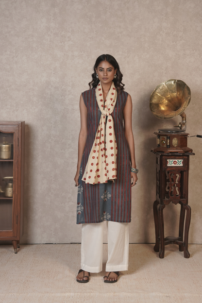 Bloomline Sleeveless Ajrakh Cotton Kurta Plazo Set – Ash Blue