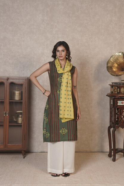 Rustlines in Bloom – Olive Ajrakh Cotton Kurta Set