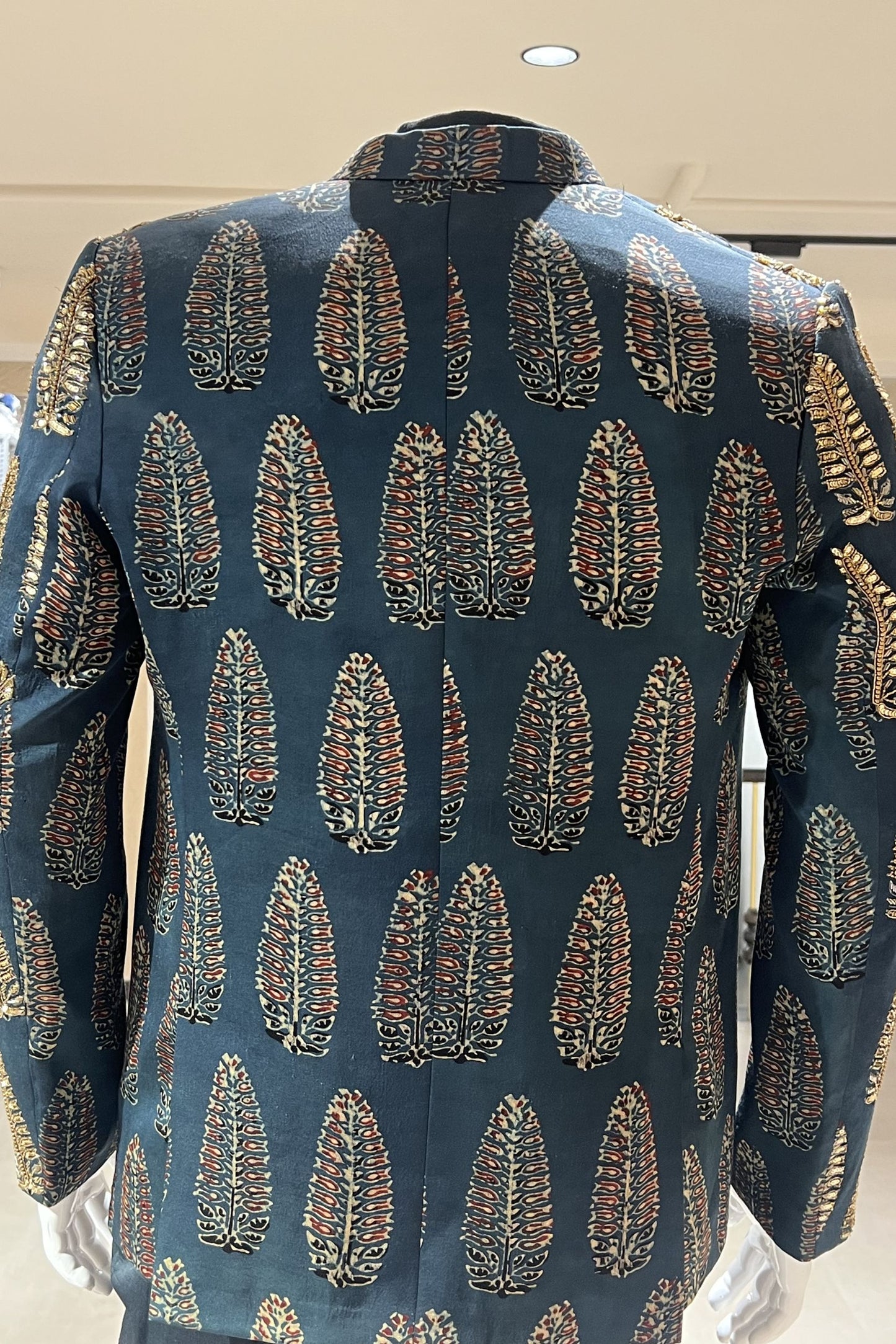 Rajvansh Leaf Motif Mashroo Silk 3-Piece Ensemble – Midnight Navy
