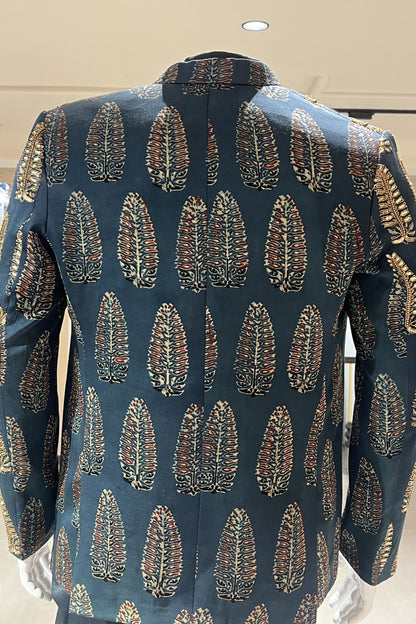 Rajvansh Leaf Motif Mashroo Silk 3-Piece Ensemble – Midnight Navy