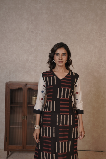 Noir Grid Ajrakh Cotton Kurta Bottom Set – Ira