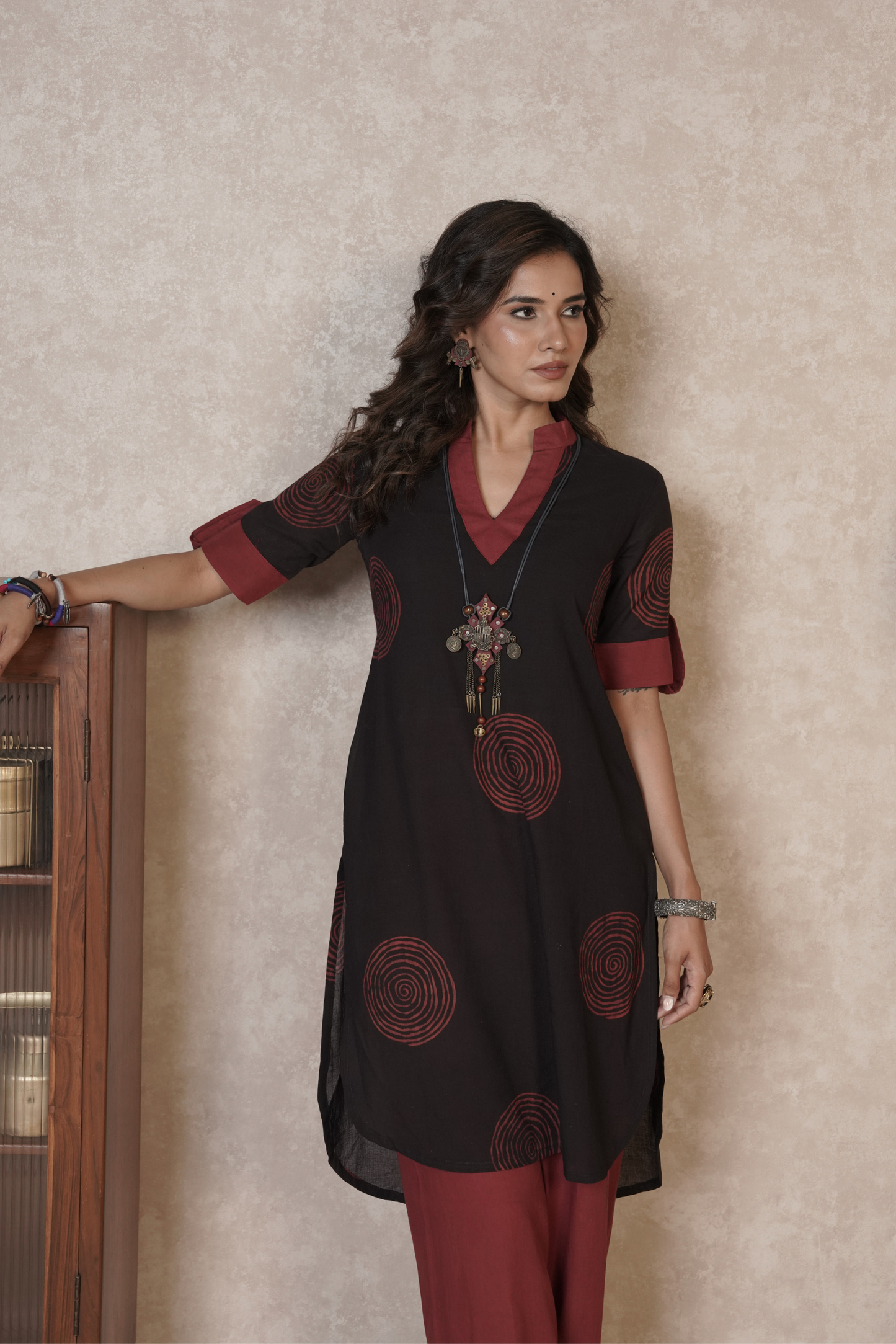 Midnight Rust Orbits – Black Ajrakh Cotton Printed Kurta Set