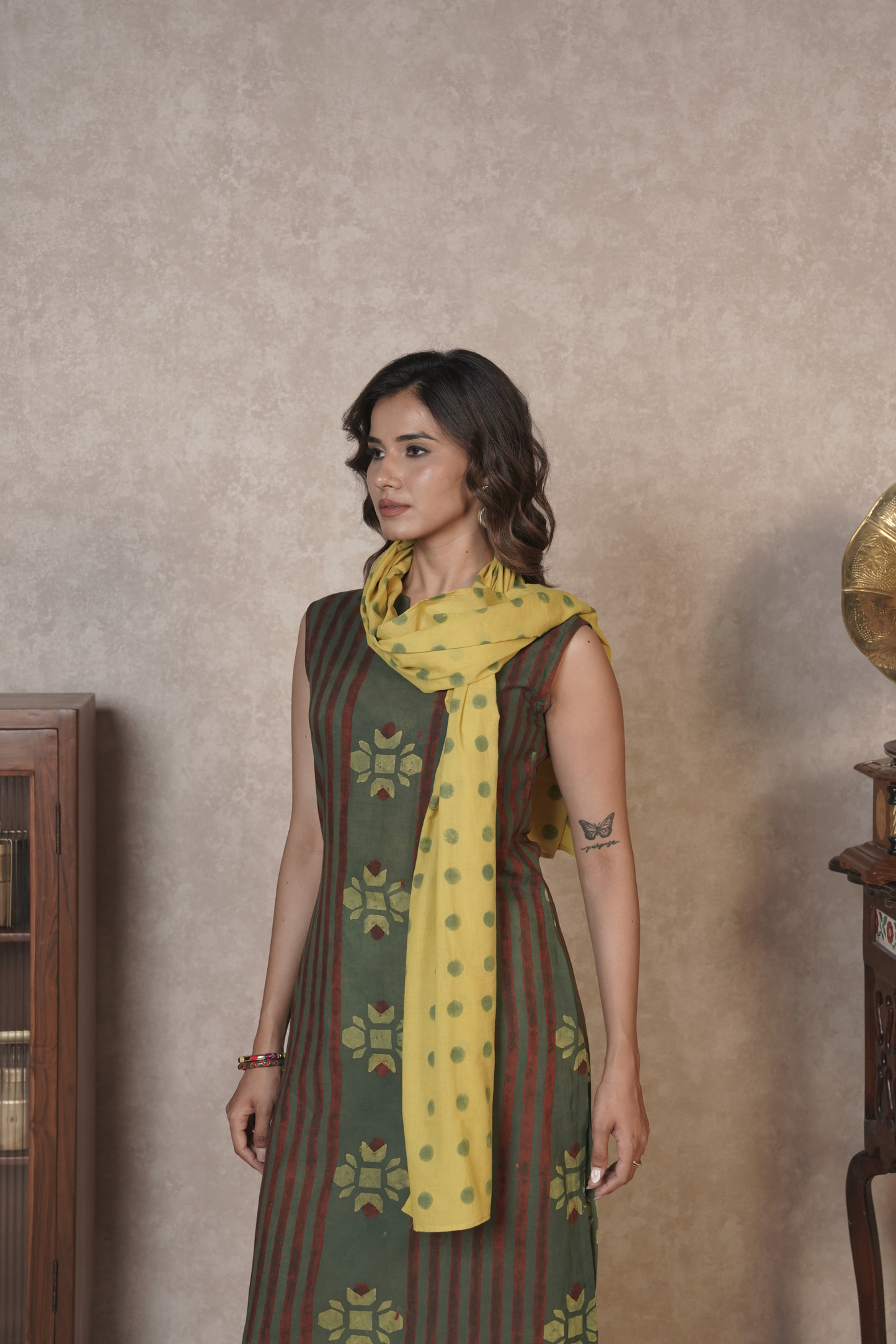 Rustlines in Bloom – Olive Ajrakh Cotton Kurta Set
